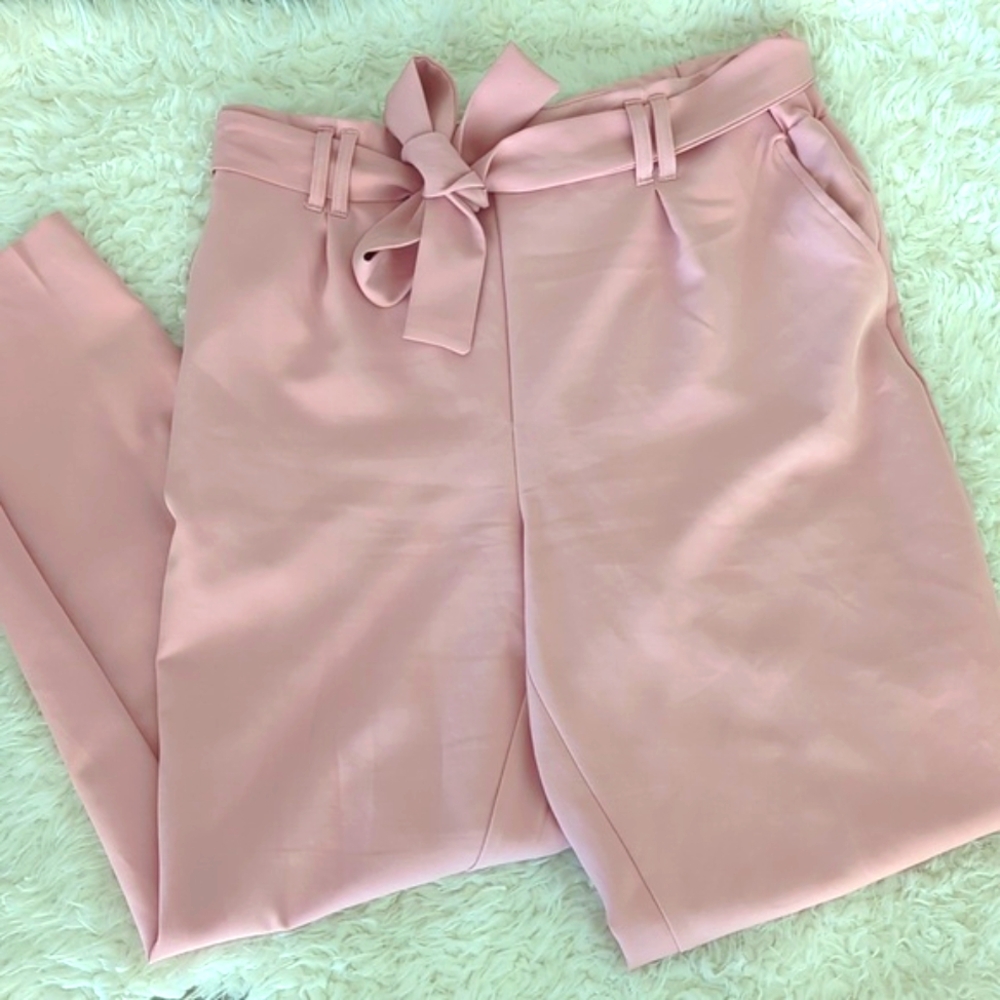 High-Waist Pink Tie-Belt Trousers